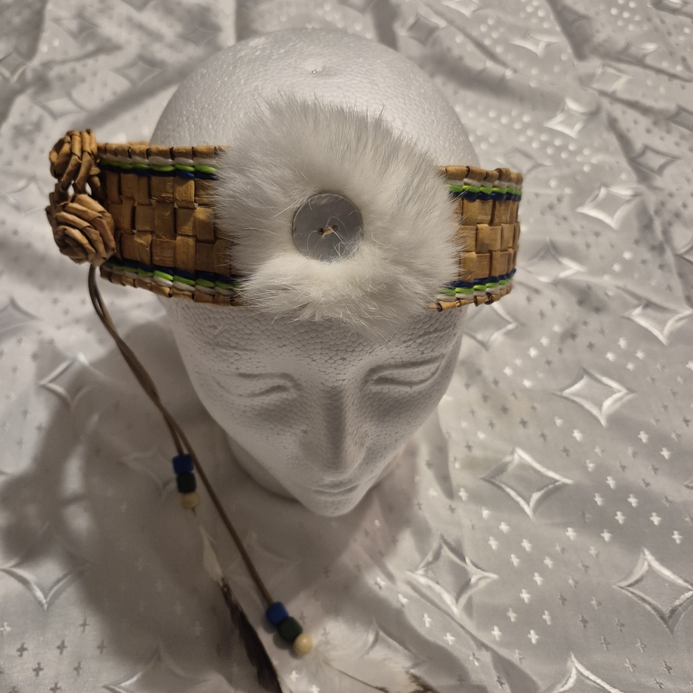 Cedar Woven Headband with Roses, White fur and Button Accent